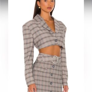 For Love and Lemons Kym Crop Blazer in Plaid Gray